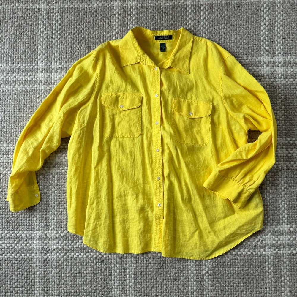 Ralph Lauren Linen yellow button down top with roll up sleeves